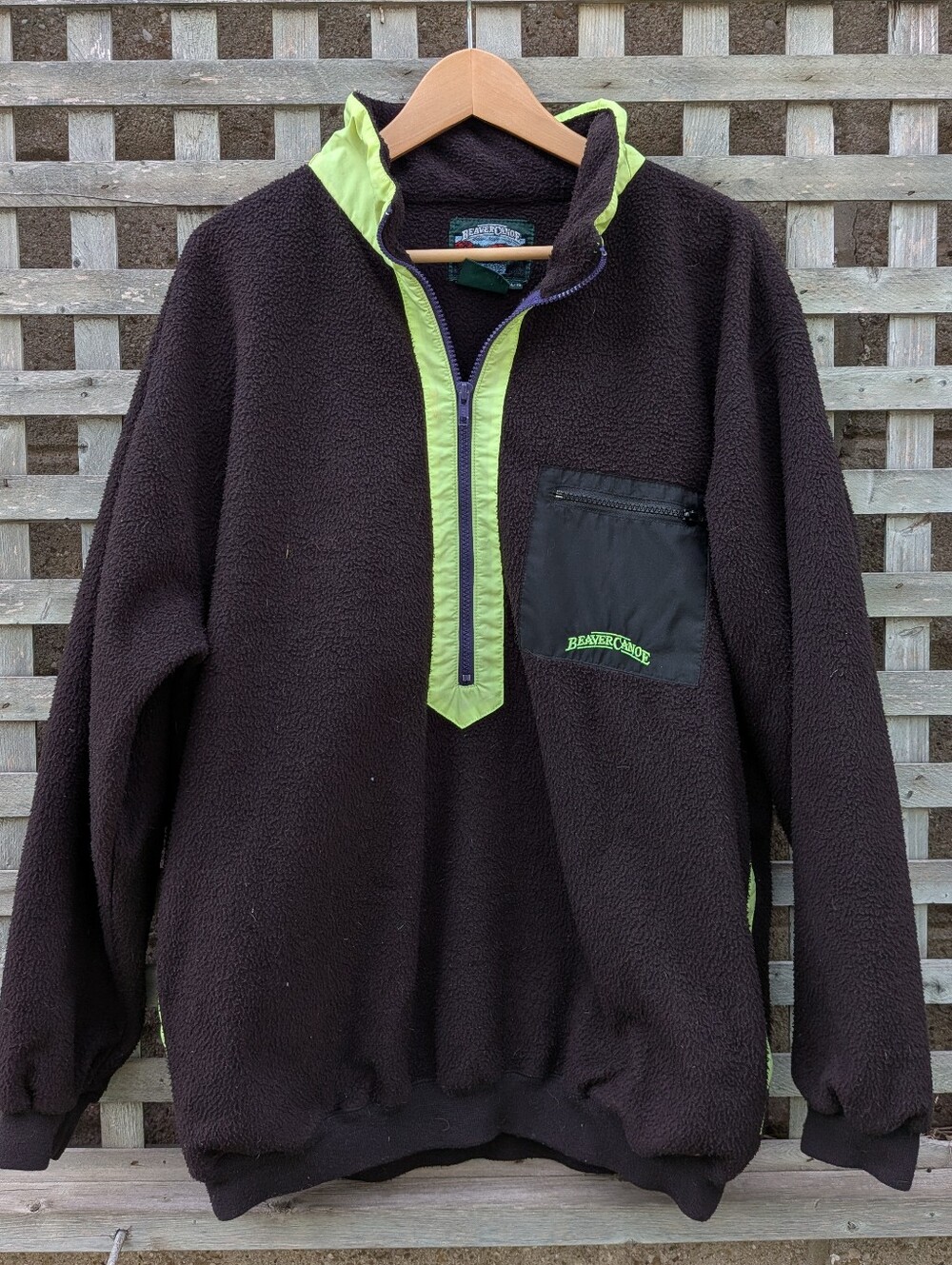 Retro Beaver Canoe Fleece Half Zip Pullover Sweater Mens XL Black Neon Vintage